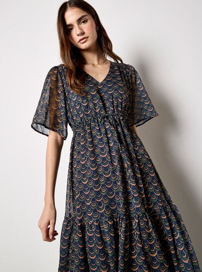 Gold foil Scallop Chiffon Maxi Dress