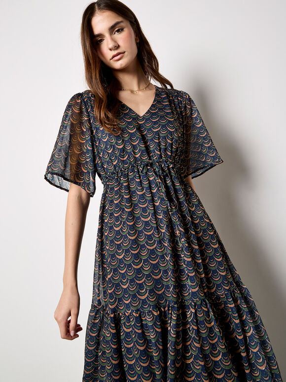 Gold foil Scallop Chiffon Maxi Dress, Navy, large