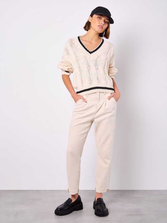 Cropped Cable Cricket Jumper, Stone, large
