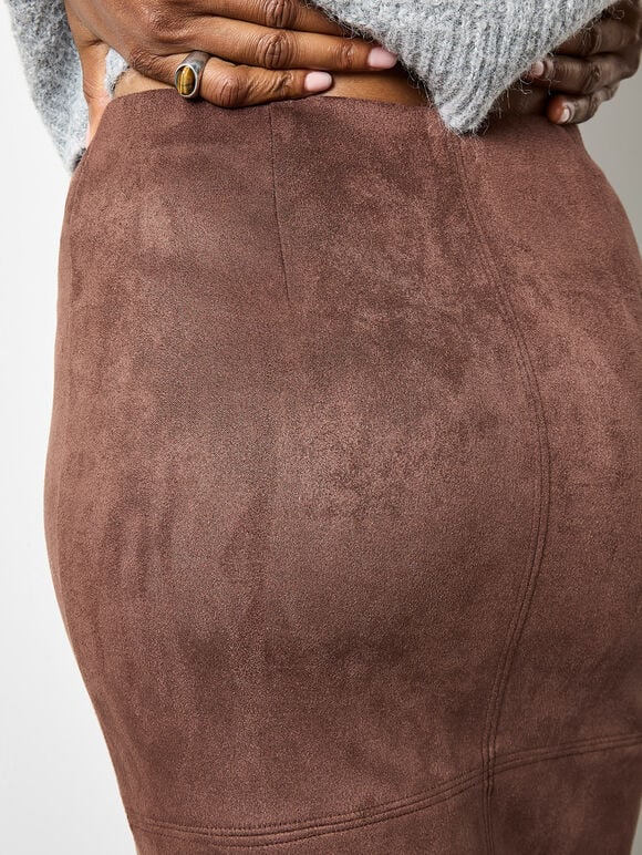 Split Front Suede Pencil Skirt, Brown, large