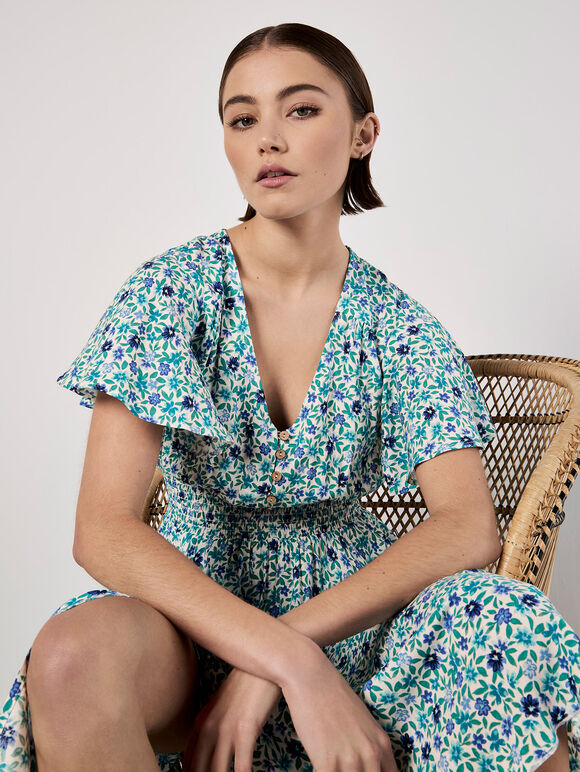 Watercolour Floral Midi Dress, Blue, large