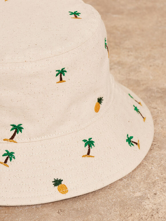 Chapeau bob brodé de palmiers tropicaux, blanc, grand