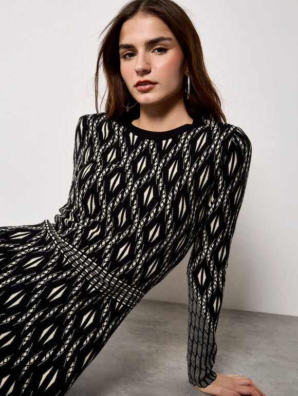 Diamond Knitted Midi Dress, Black, large