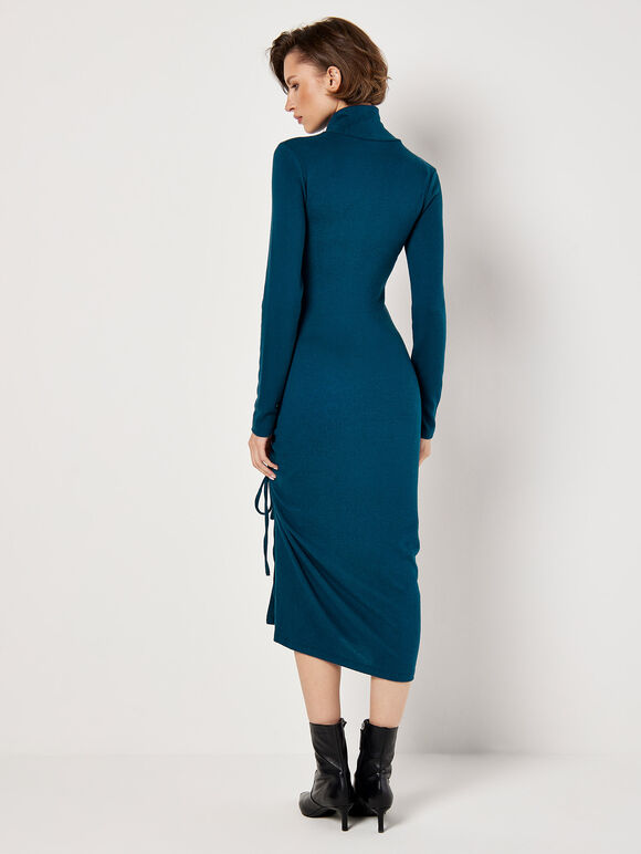 Ruched Knit Midi Dress, Teal, large