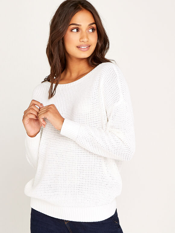 Cream Waffle Cross Back Jumper, Cream, large