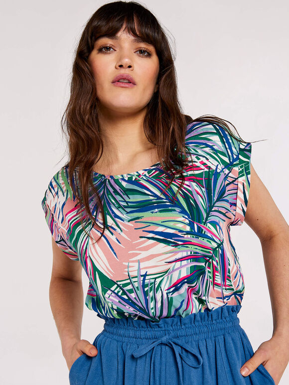 Tropical Palm Print Woven T-Shirt, Pink, large