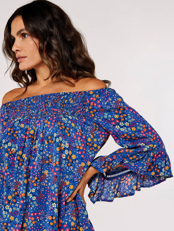 Ditsy Spray Bardot Top, Blue, large