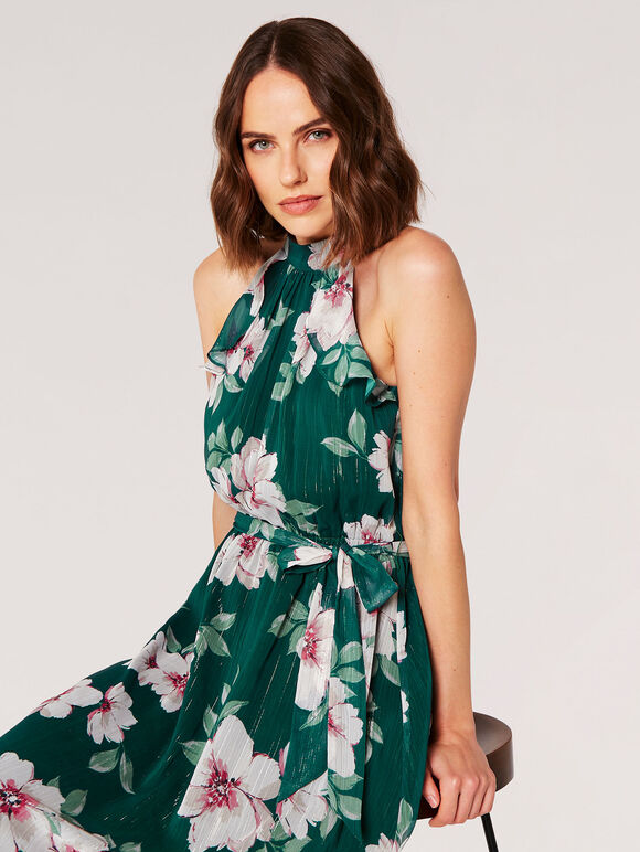 Robe midi chatoyante florale picturale, vert, grand