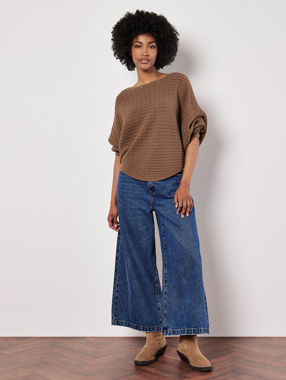 Cable Stripe Batwing Jumper, Brown, large