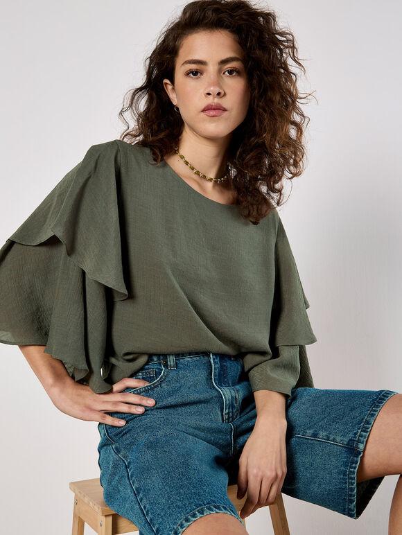 Layered Sleeve Top, Khaki, large