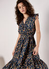 Floral Frill Wrap Midi Dress, Navy, large