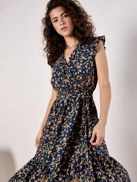 Floral Frill Wrap Midi Dress, Navy, large