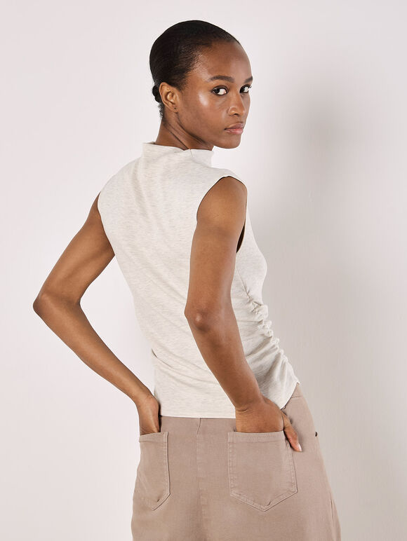 High Neck Side Ruched Top, Grey, large