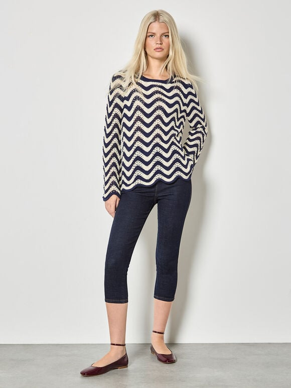 Stripe Waves Pointelle Knit Jumper, Navy, large