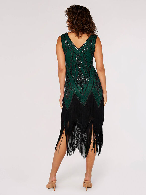 Sequin Tassel Fringe Mini Dress , Green, large