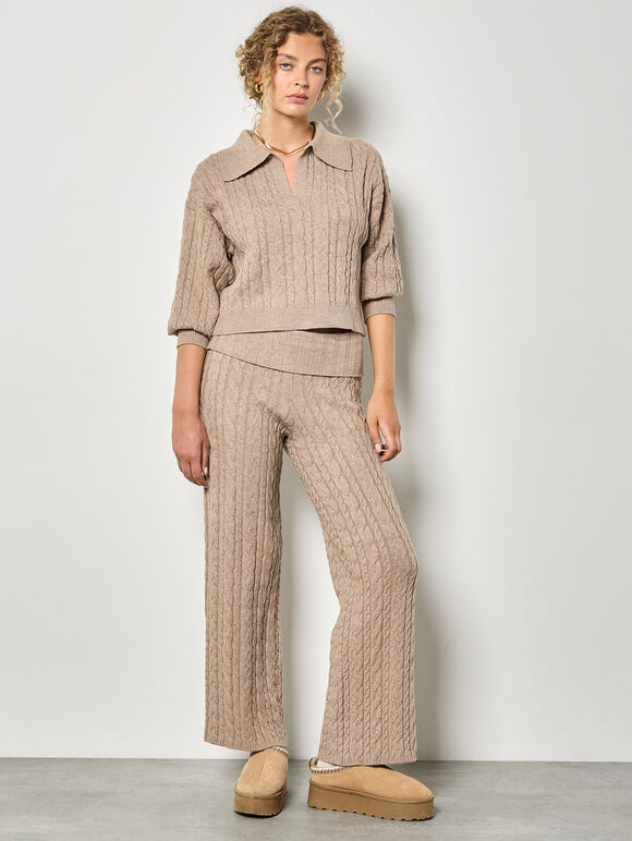 Twisted Cable Knit Crop Jumper, Stone, large