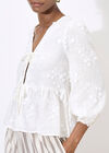 Floral Applique Tie Front Top, White, large