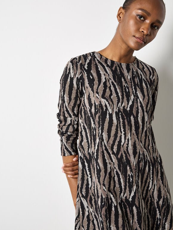 Zebra Knit Swing Mini Dress, Stone, large