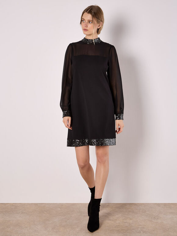 Sequin Trim Shift Mini Dress, Black, large