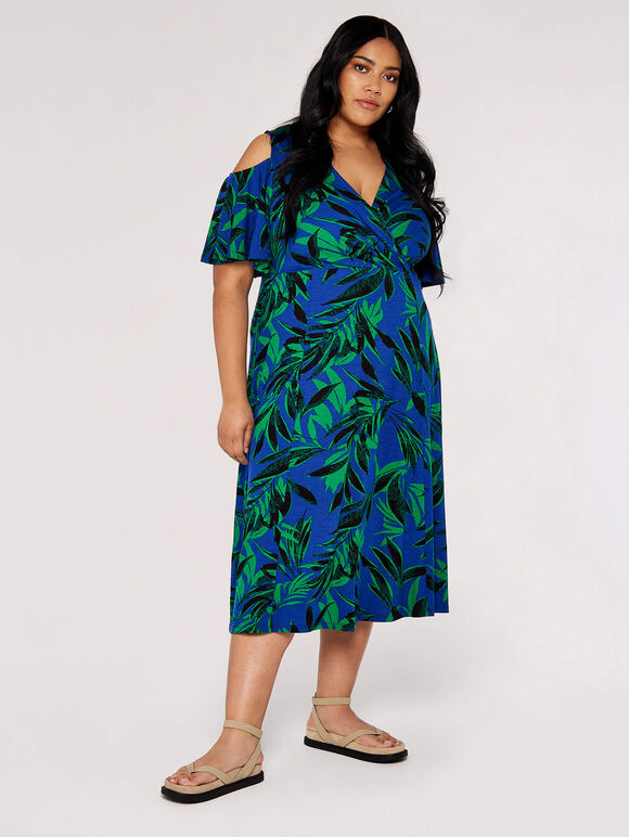 Curve Tropical Palm Midi Dress, Blue, large