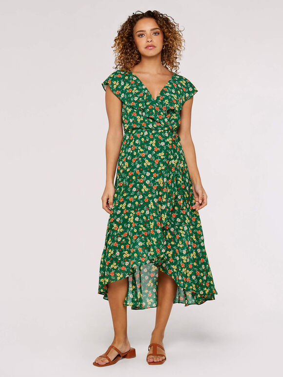Floral Ruffle Midi Dress, Green, large