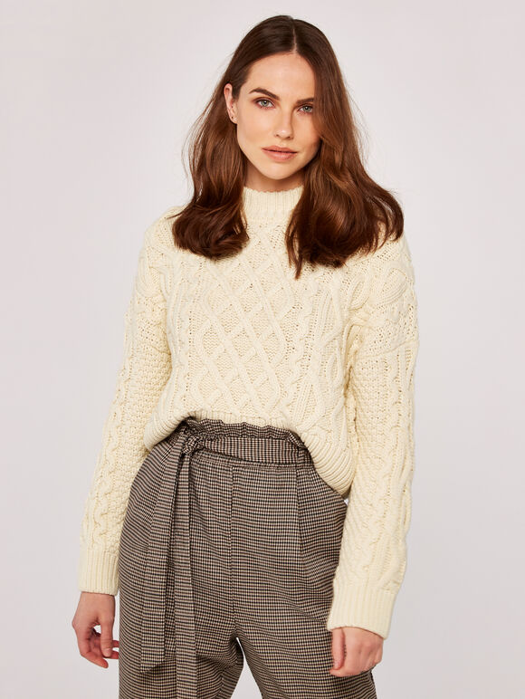 Aran Knit Jumper, Cream, large