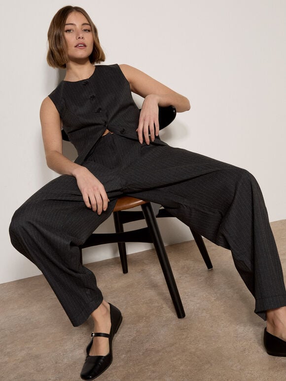 Pinstripe Wide-Leg Balloon Trousers, Dark Grey/Charcoal, large