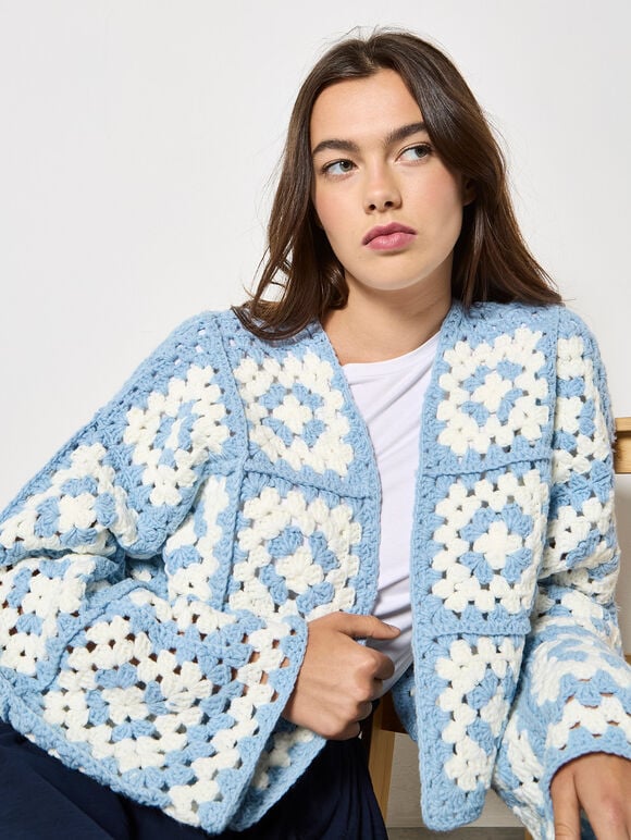 Hand-Knit Crochet Squares Cardigan, Blue, large
