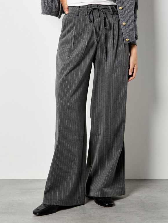 Pinstripe Wide Leg Tailored Trousers, Grey, large