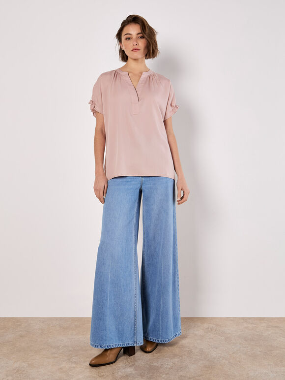 Ruffle Sleeve Woven T-Shirt, Pink, large