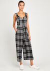 V Detail Check Culotte Jumpsuit, Black, large