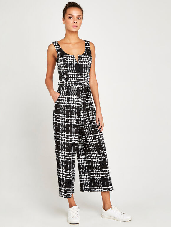 V Detail Check Culotte Jumpsuit, Black, large
