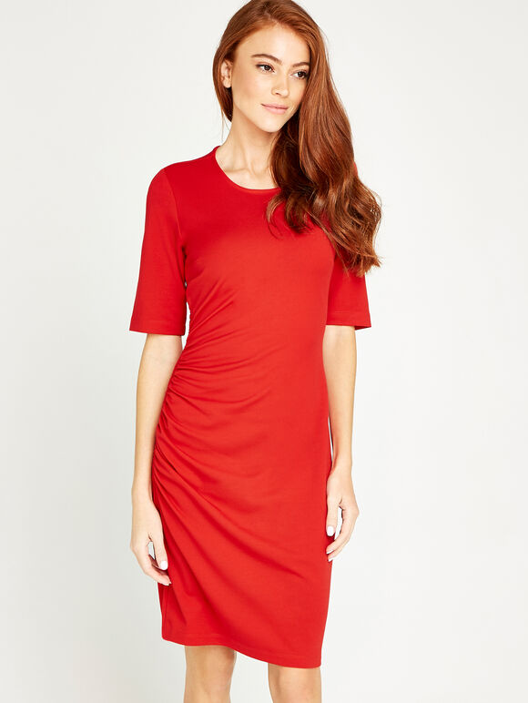 Ponti Ruched Bodycon Dress, Red, large