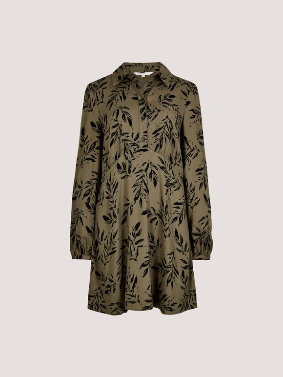 Leaf Print Shirt Mini Dress, Khaki, large