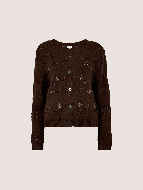 Pointelle Diamond Floral Cotton-Blend Cardigan, Brown, large