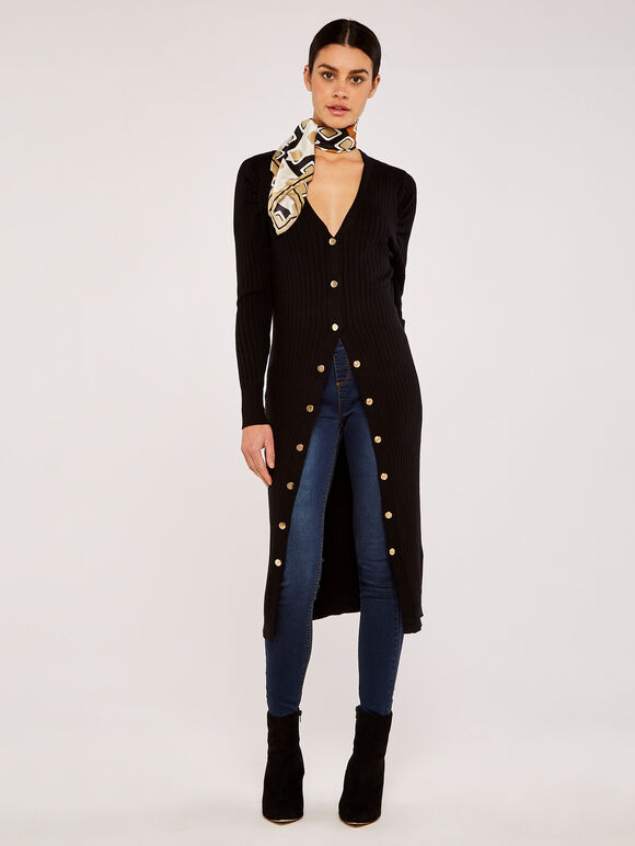 Ribbed Longline Cardigan, Black, large