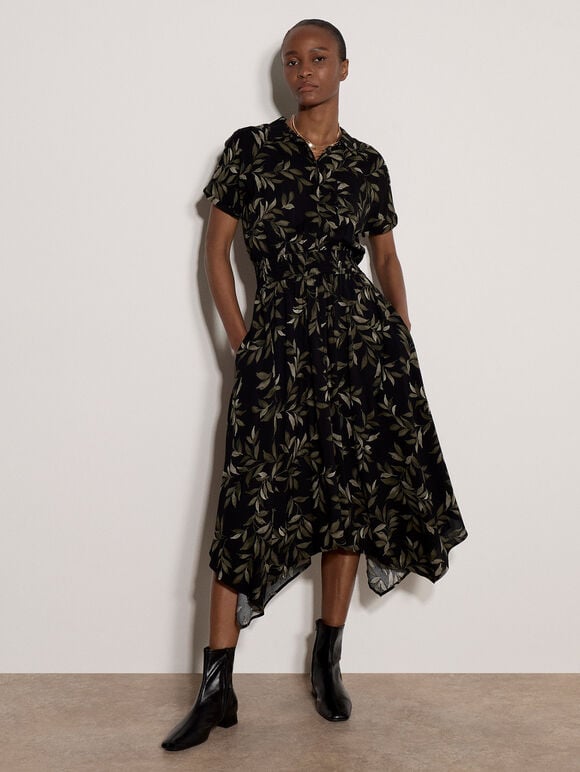 Leaf Print Shirt Midi Dress, Khaki, large