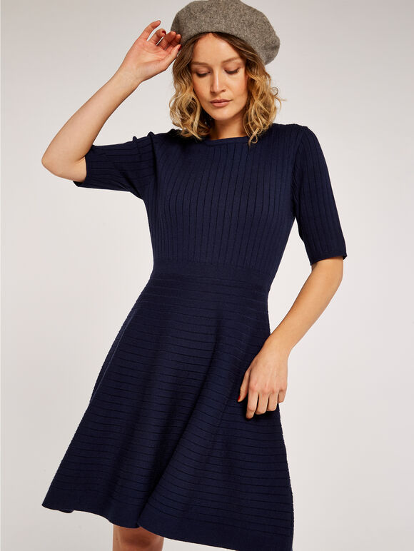 Ribbed Skater Dress, Navy, large