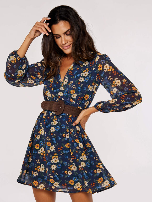 Brushed Floral Wrap Dress, Navy, large