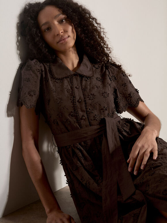 Cotton Floral Embroidered Midi Dress, Brown, large