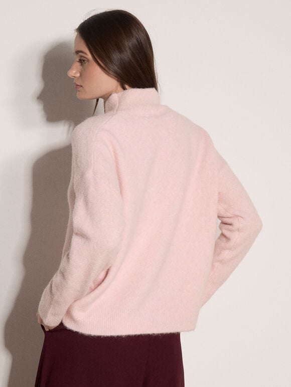 Boucl&eacute; Knit Mock Neck Jumper, Pink, large