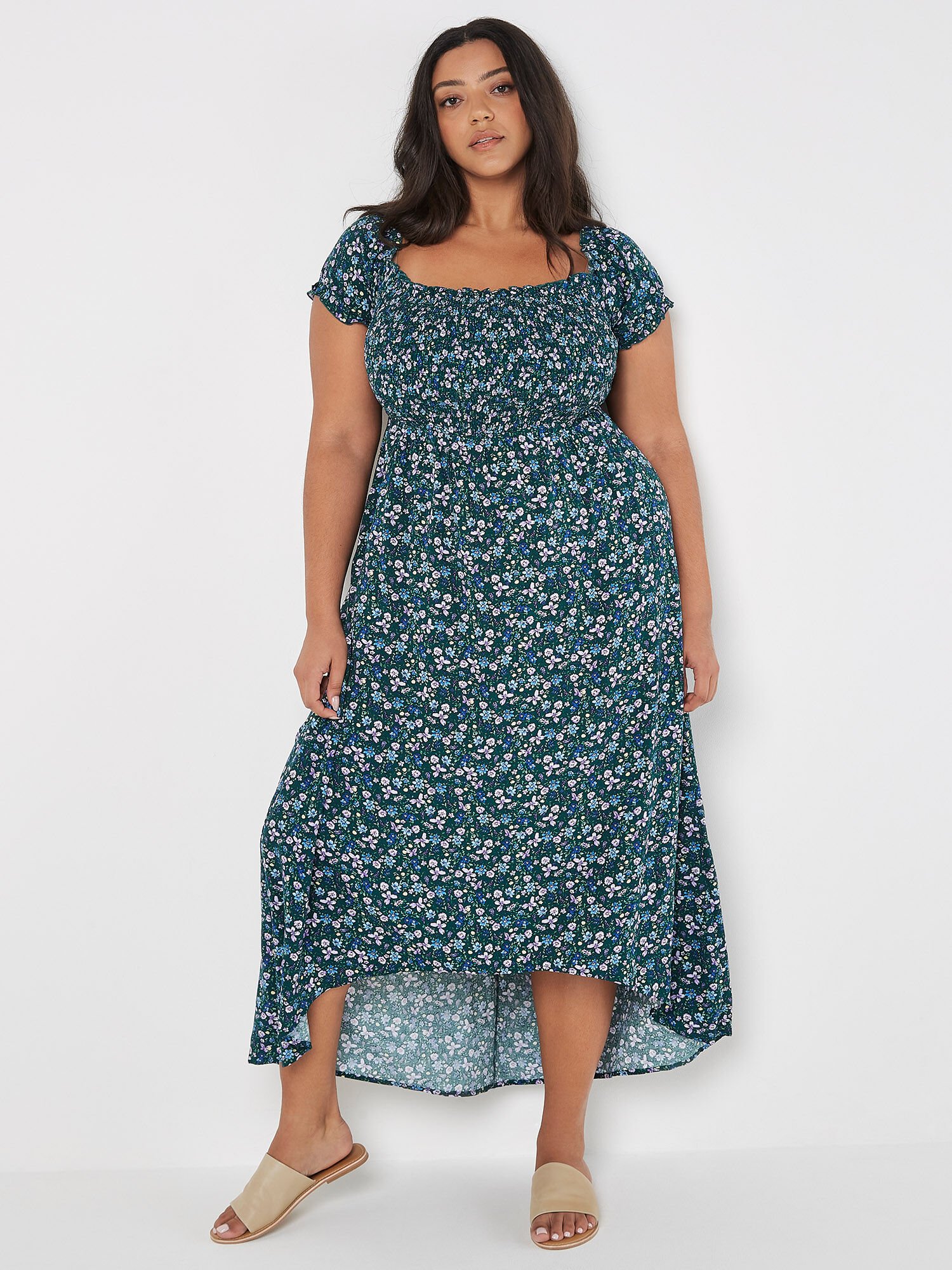 Curve Ditsy Floral Bardot Midi Dress Apricot Clothing