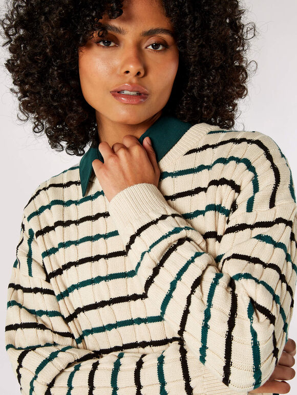 Plaited Knit Stripe Jumper, Stone, large