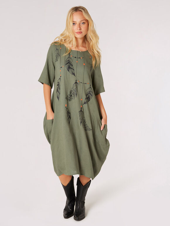 Midikleid mit Halsketten-Print, Khaki, Größe L