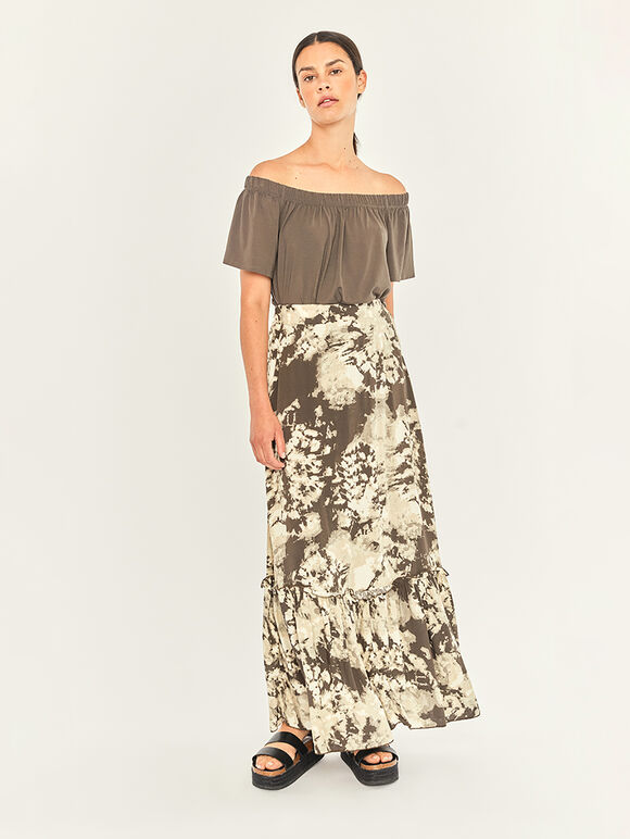 Tie Dye Ruffle Hem Maxi Skirt, Khaki, large