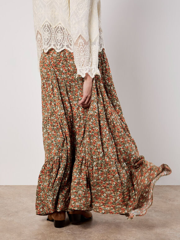 Ditsy Floral Tiered Maxi Skirt, Khaki, large