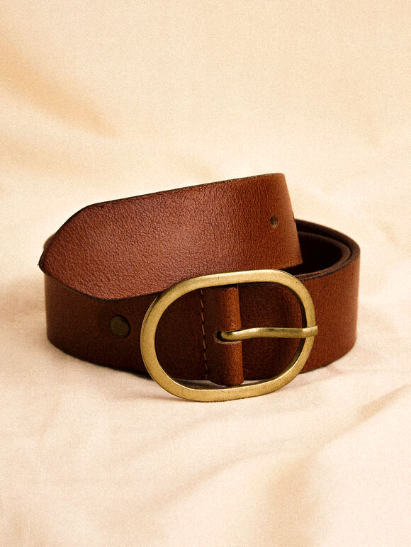 Leather Gold Buckle Belt, Brown, large