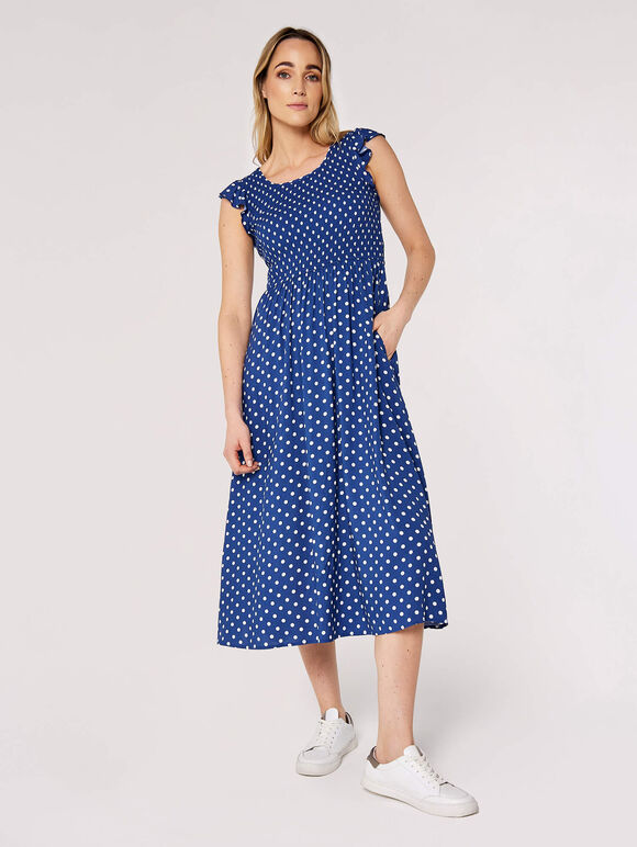 Polkadot Smocked Midi Dress, Blue, large