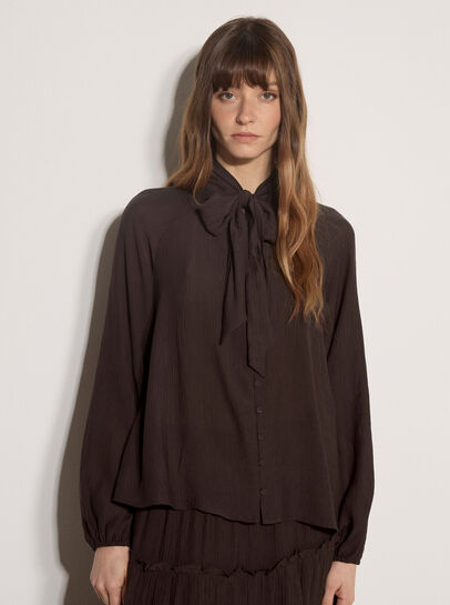 Crinkle Textured Bow Neck Blouse