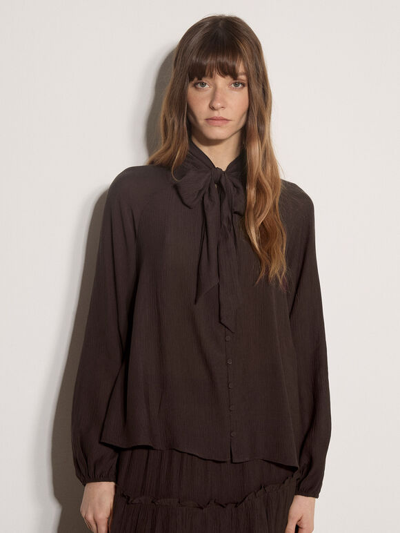 Crinkle Textured Bow Neck Blouse, Brown, large